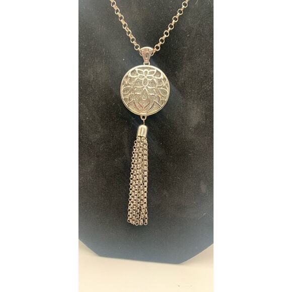Vintage Charming Charlie Silver Tone Round Statement Tassel Pendant Necklace - Picture 2 of 7